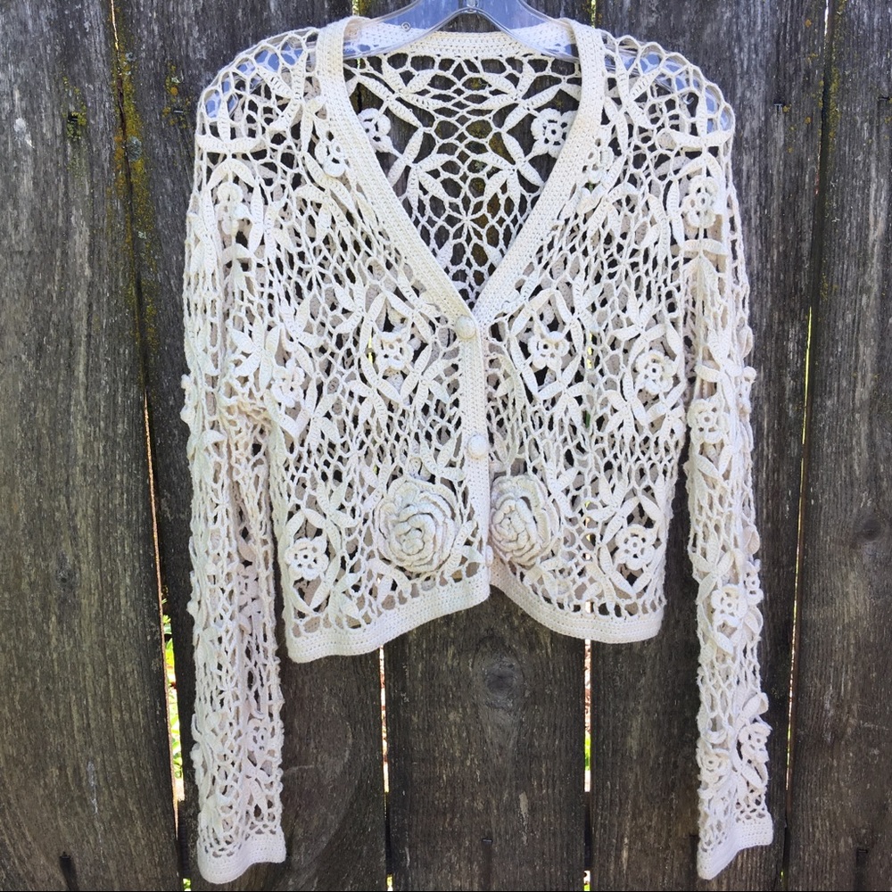 Crocheted Cream Rose and Flower Design Cardigan